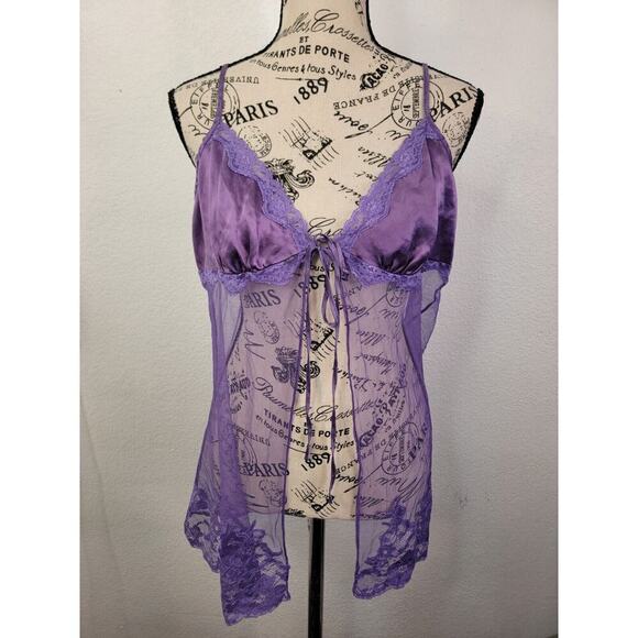 Victorias Secret Babydoll Top Large Sheer V Neck Open Front Purple VTG 90's Y2K - Picture 2 of 10